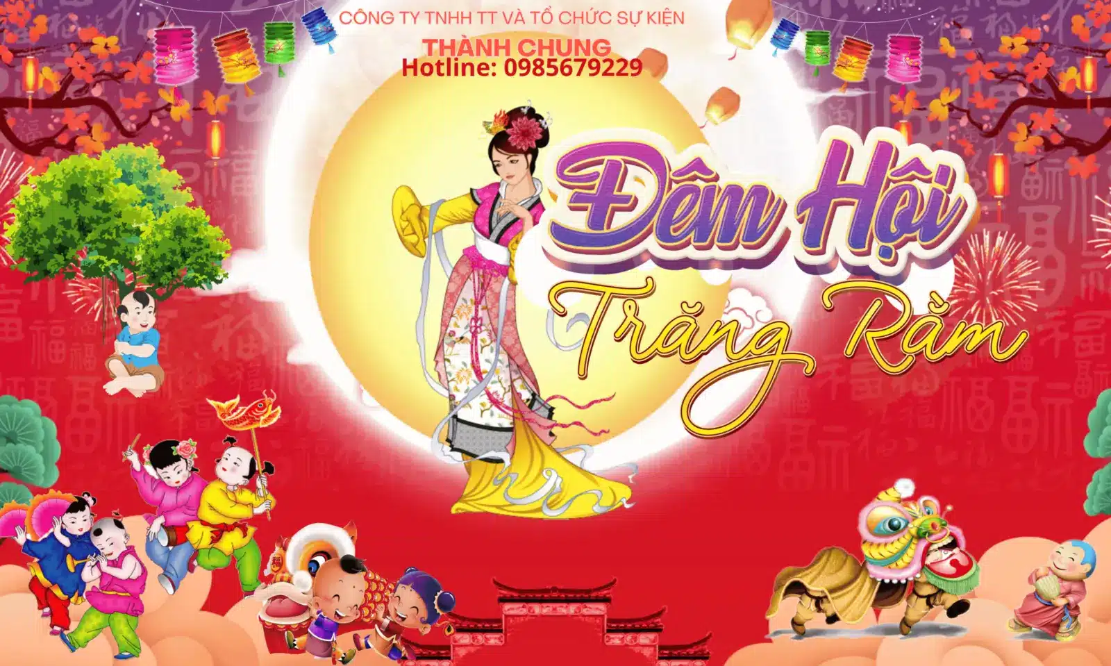 Mẫu backdrop Đêm hội Trăng rằm đỏ vàng