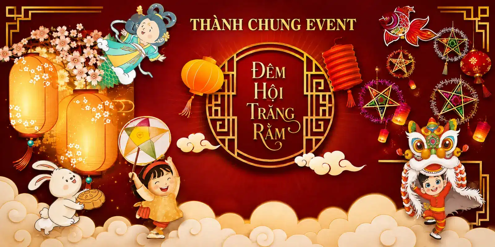 Backdrop Trung thu truyền thống có chị Hằng và đầu lân