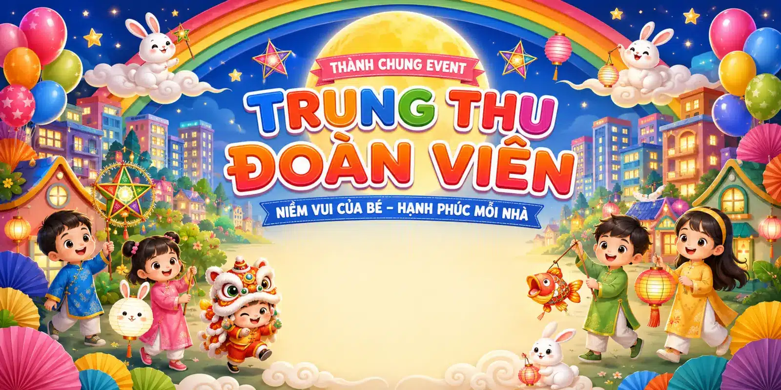 Backdrop Trung thu đoàn viên phong cách cầu vồng