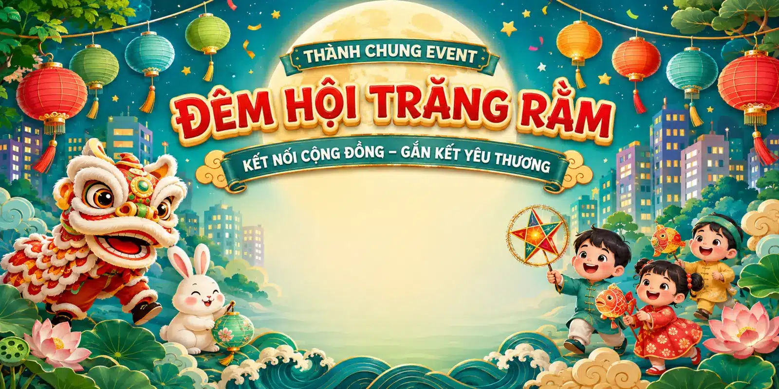 Backdrop Đêm hội Trăng rằm xanh hoa sen